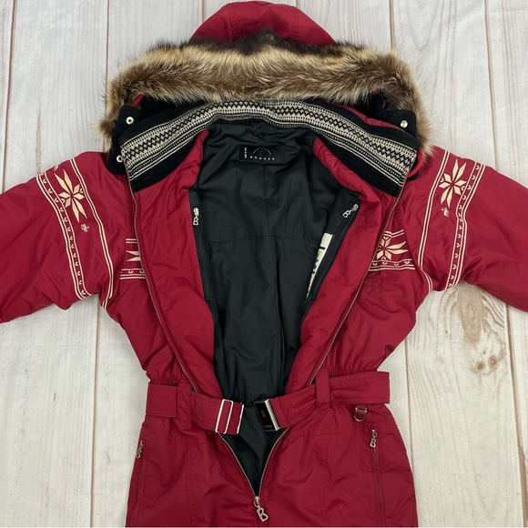 Vintage Bogner One-Piece Embroidered Ski Suit Fur Trimmed Hood Burgundy Sz 10 - Picture 16 of 16